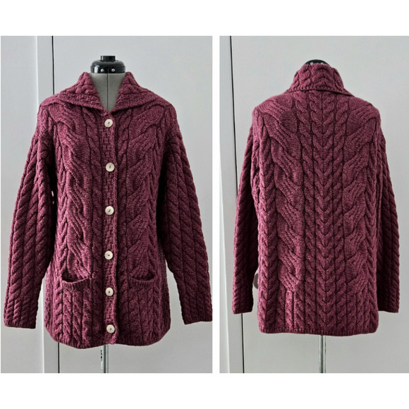 ARAN Woolen Mills IRELAND soft chunky merino-wool knit pocket sweater cardigan L - Picture 4 of 14